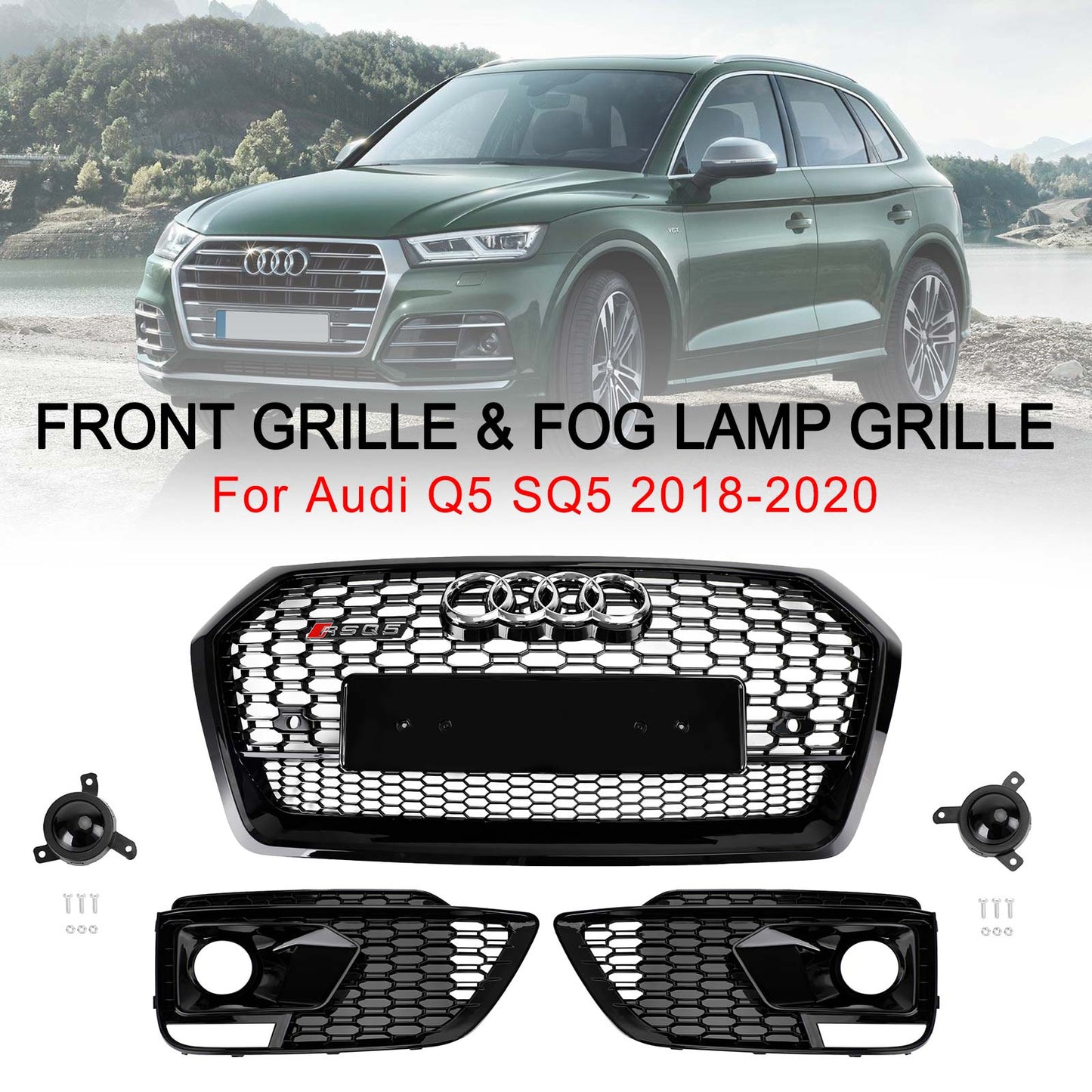 Front Bumper Grille Set For 2018-2020 Audi Q5 / SQ5 RSQ5 Style Honeycomb Mesh Grille+Fog Lamp Grille With Sensor Hole