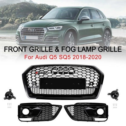 Front Bumper Grille Set For 2018-2020 Audi Q5 / SQ5 RSQ5 Style Honeycomb Mesh Grille+Fog Lamp Grille With Sensor Hole