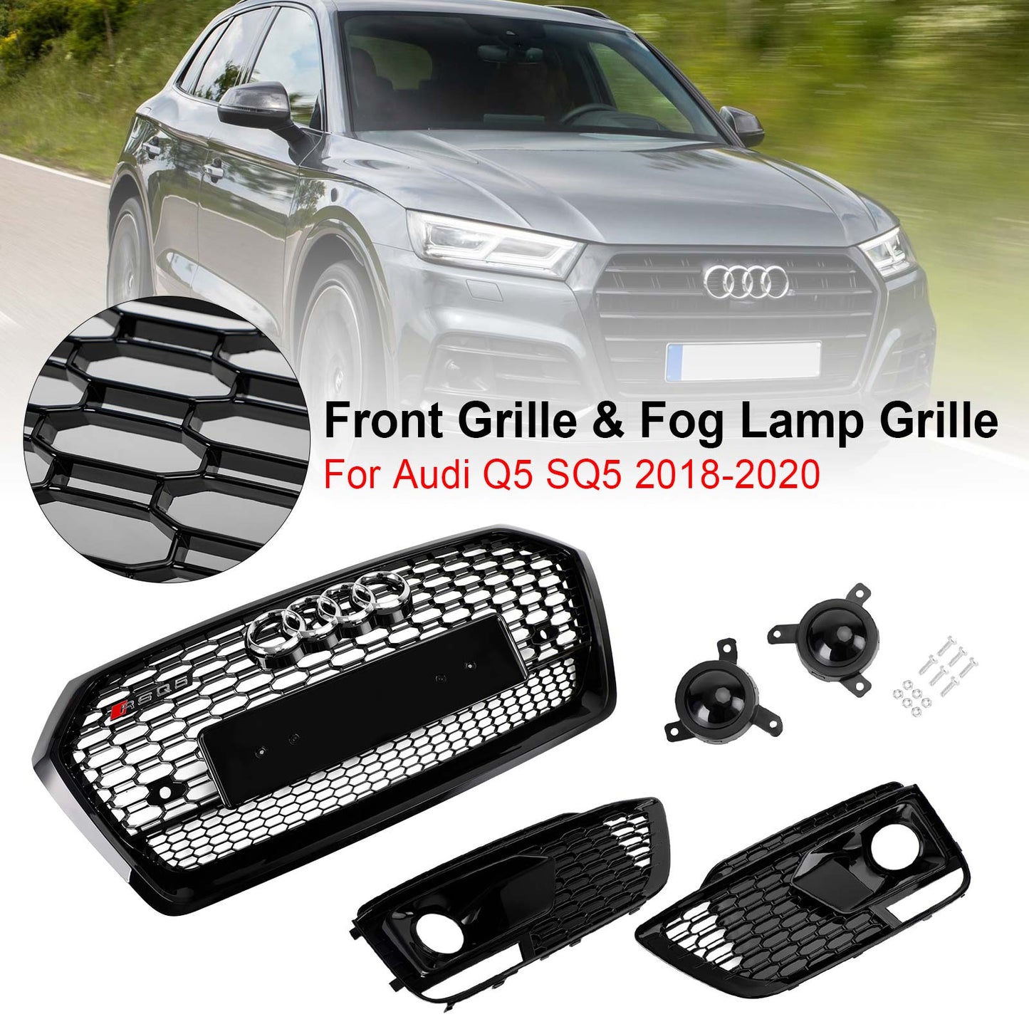 Front Bumper Grille Set For 2018-2020 Audi Q5 / SQ5 RSQ5 Style Honeycomb Mesh Grille+Fog Lamp Grille With Sensor Hole
