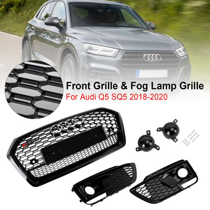 Front Bumper Grille Set For 2018-2020 Audi Q5 / SQ5 RSQ5 Style Honeycomb Mesh Grille+Fog Lamp Grille With Sensor Hole