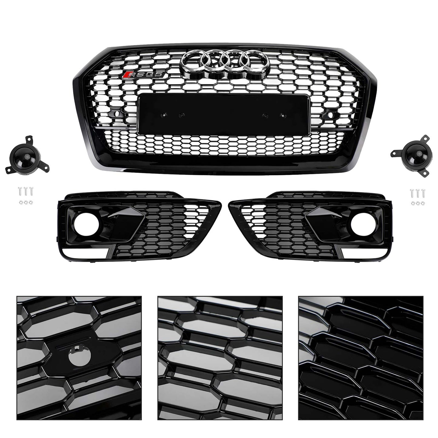 Front Bumper Grille Set For 2018-2020 Audi Q5 / SQ5 RSQ5 Style Honeycomb Mesh Grille+Fog Lamp Grille With Sensor Hole