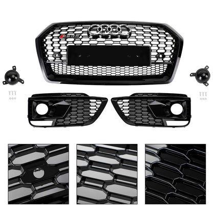 Front Bumper Grille Set For 2018-2020 Audi Q5 / SQ5 RSQ5 Style Honeycomb Mesh Grille+Fog Lamp Grille With Sensor Hole