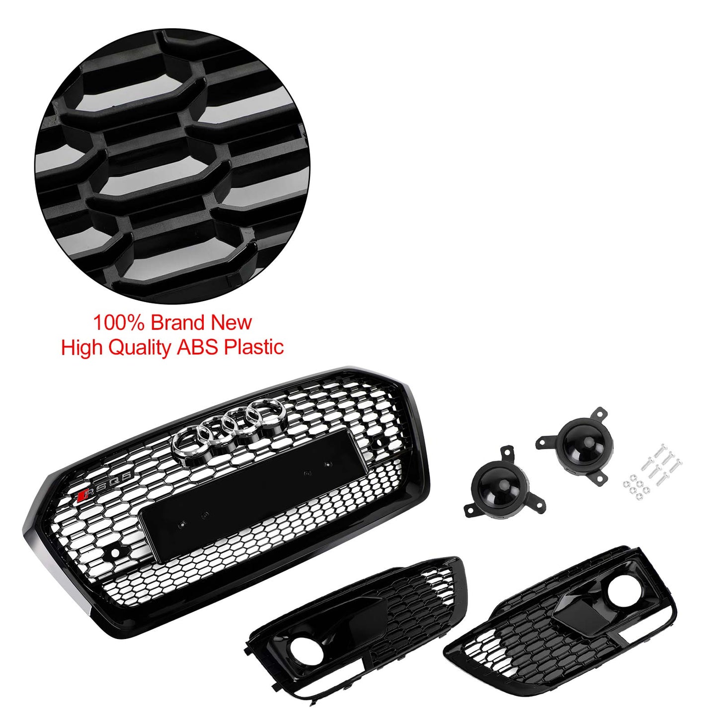 Front Bumper Grille Set For 2018-2020 Audi Q5 / SQ5 RSQ5 Style Honeycomb Mesh Grille+Fog Lamp Grille With Sensor Hole