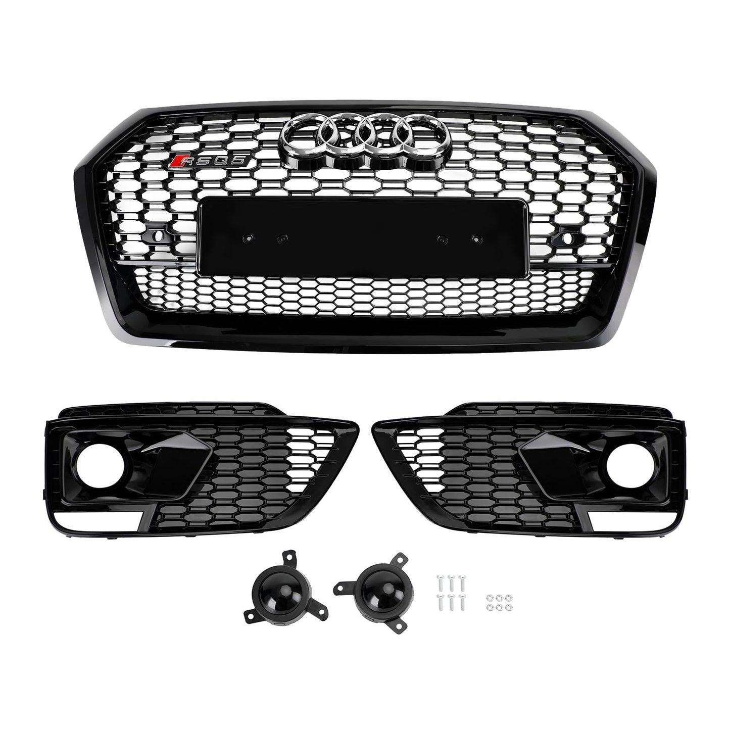 Front Bumper Grille Set For 2018-2020 Audi Q5 / SQ5 RSQ5 Style Honeycomb Mesh Grille+Fog Lamp Grille With Sensor Hole