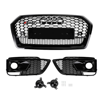 Front Bumper Grille Set For 2018-2020 Audi Q5 / SQ5 RSQ5 Style Honeycomb Mesh Grille+Fog Lamp Grille With Sensor Hole