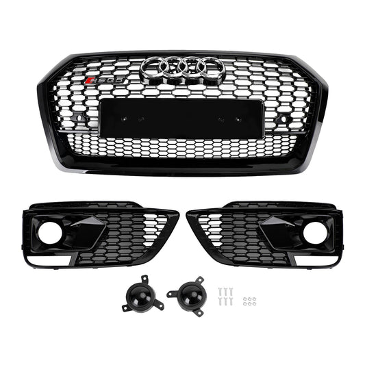 Front Bumper Grille Set For 2018-2020 Audi Q5 / SQ5 RSQ5 Style Honeycomb Mesh Grille+Fog Lamp Grille With Sensor Hole