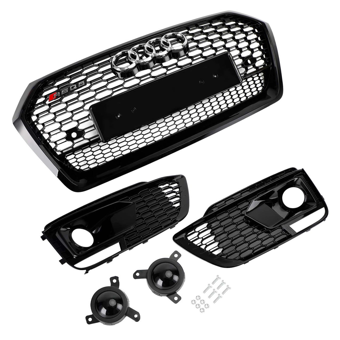 Front Bumper Grille Set For 2018-2020 Audi Q5 / SQ5 RSQ5 Style Honeycomb Mesh Grille+Fog Lamp Grille With Sensor Hole