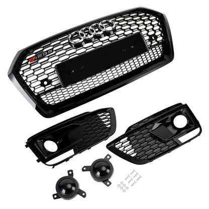 Front Bumper Grille Set For 2018-2020 Audi Q5 / SQ5 RSQ5 Style Honeycomb Mesh Grille+Fog Lamp Grille With Sensor Hole