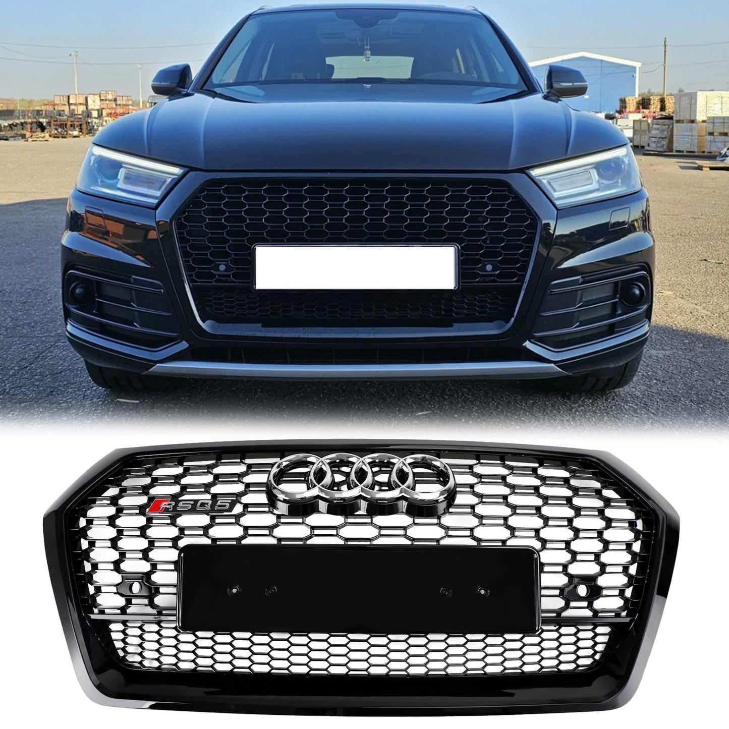 RSQ5 Style Honeycomb Grille For Audi Q5 / Q5 Sline / SQ5 2018-2020 Front Bumper Glossy Black Replacement Grill W/ Ring Emblem