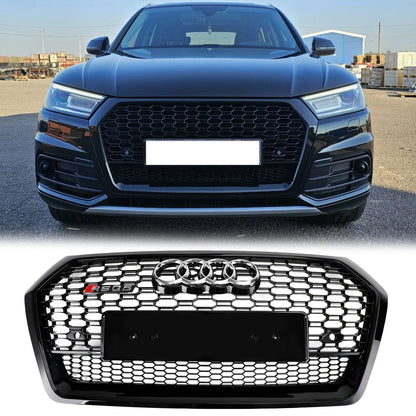 RSQ5 Style Honeycomb Grille For Audi Q5 / Q5 Sline / SQ5 2018-2020 Front Bumper Glossy Black Replacement Grill W/ Ring Emblem