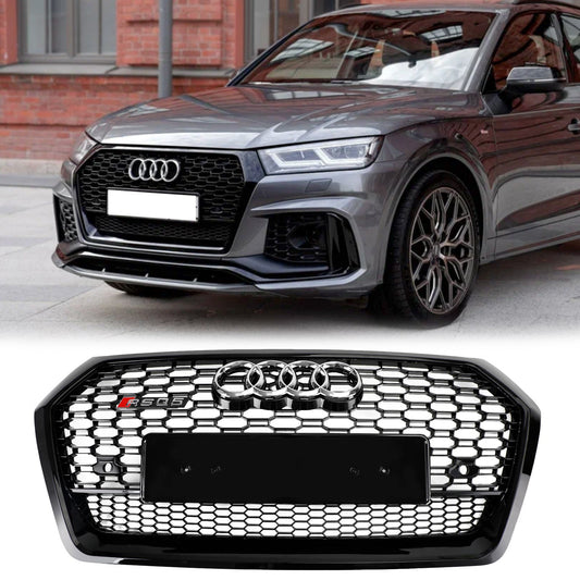 RSQ5 Style Honeycomb Grille For Audi Q5 / Q5 Sline / SQ5 2018-2020 Front Bumper Glossy Black Replacement Grill W/ Ring Emblem