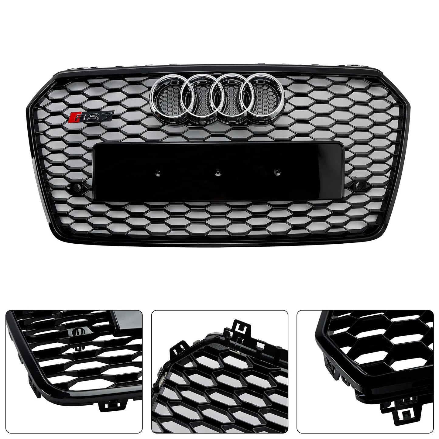 2016 2017 2018 Audi A7 / A7 Sline / S7 4G Front Bumper Honeycomb Grill RS7 Style Black Sport Mesh Grille W/ Ring Emblem