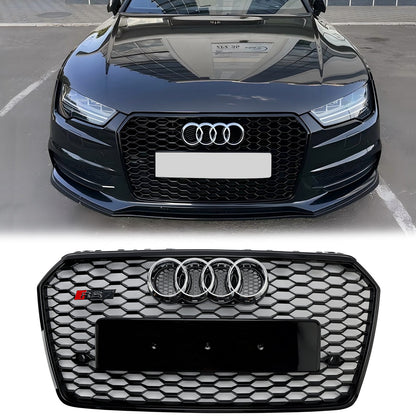2016 2017 2018 Audi A7 / A7 Sline / S7 4G Front Bumper Honeycomb Grill RS7 Style Black Sport Mesh Grille W/ Ring Emblem