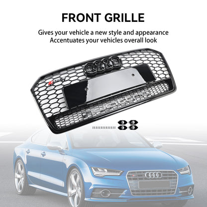 Audi 4G A7 S7 2016-2018 Facelift RS7 Quattro Style Front Bumper Grill Glossy Black Honeycomb Grille W/ Ring Emblem