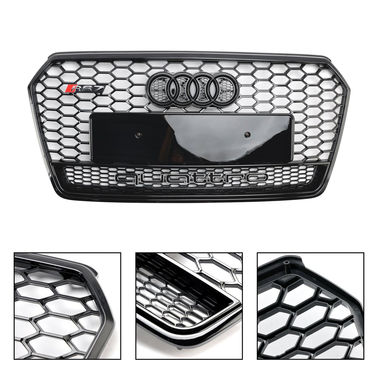 Audi 4G A7 S7 2016-2018 Facelift RS7 Quattro Style Front Bumper Grill Glossy Black Honeycomb Grille W/ Ring Emblem