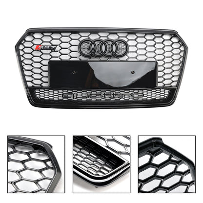 Audi 4G A7 S7 2016-2018 Facelift RS7 Quattro Style Front Bumper Grill Glossy Black Honeycomb Grille W/ Ring Emblem