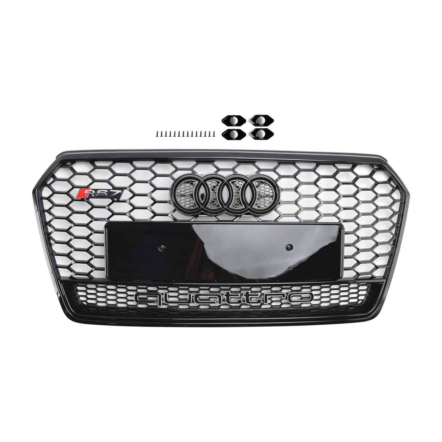 Audi 4G A7 S7 2016-2018 Facelift RS7 Quattro Style Front Bumper Grill Glossy Black Honeycomb Grille W/ Ring Emblem