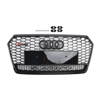 Audi 4G A7 S7 2016-2018 Facelift RS7 Quattro Style Front Bumper Grill Glossy Black Honeycomb Grille W/ Ring Emblem