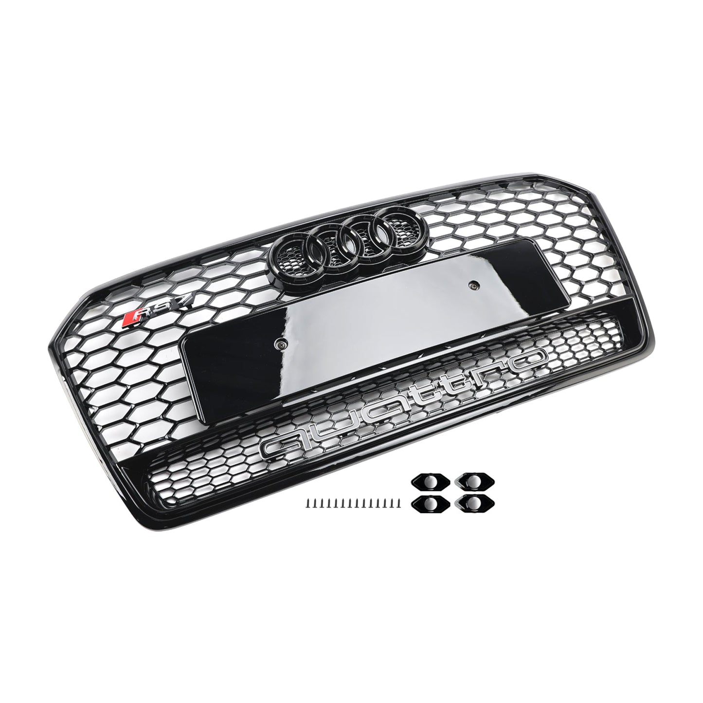 Audi 4G A7 S7 2016-2018 Facelift RS7 Quattro Style Front Bumper Grill Glossy Black Honeycomb Grille W/ Ring Emblem