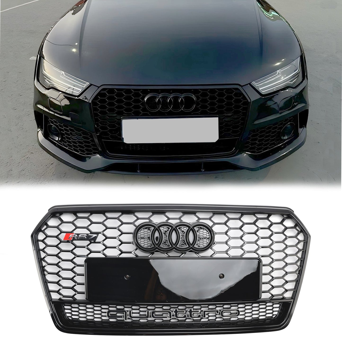 Audi 4G A7 S7 2016-2018 Facelift RS7 Quattro Style Front Bumper Grill Glossy Black Honeycomb Grille W/ Ring Emblem