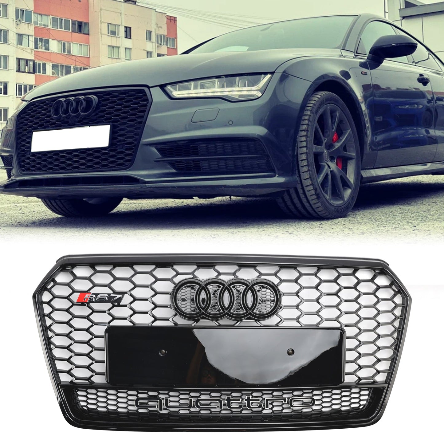 Audi 4G A7 S7 2016-2018 Facelift RS7 Quattro Style Front Bumper Grill Glossy Black Honeycomb Grille W/ Ring Emblem