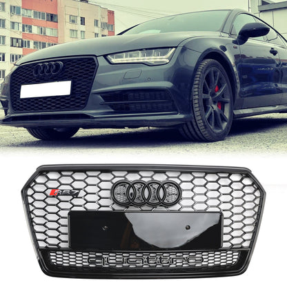 Audi 4G A7 S7 2016-2018 Facelift RS7 Quattro Style Front Bumper Grill Glossy Black Honeycomb Grille W/ Ring Emblem