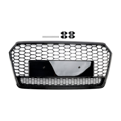 Audi 4G A7 S7 2016-2018 Facelift RS7 Quattro Style Front Bumper Grill Glossy Black Honeycomb Grille W/ Ring Emblem