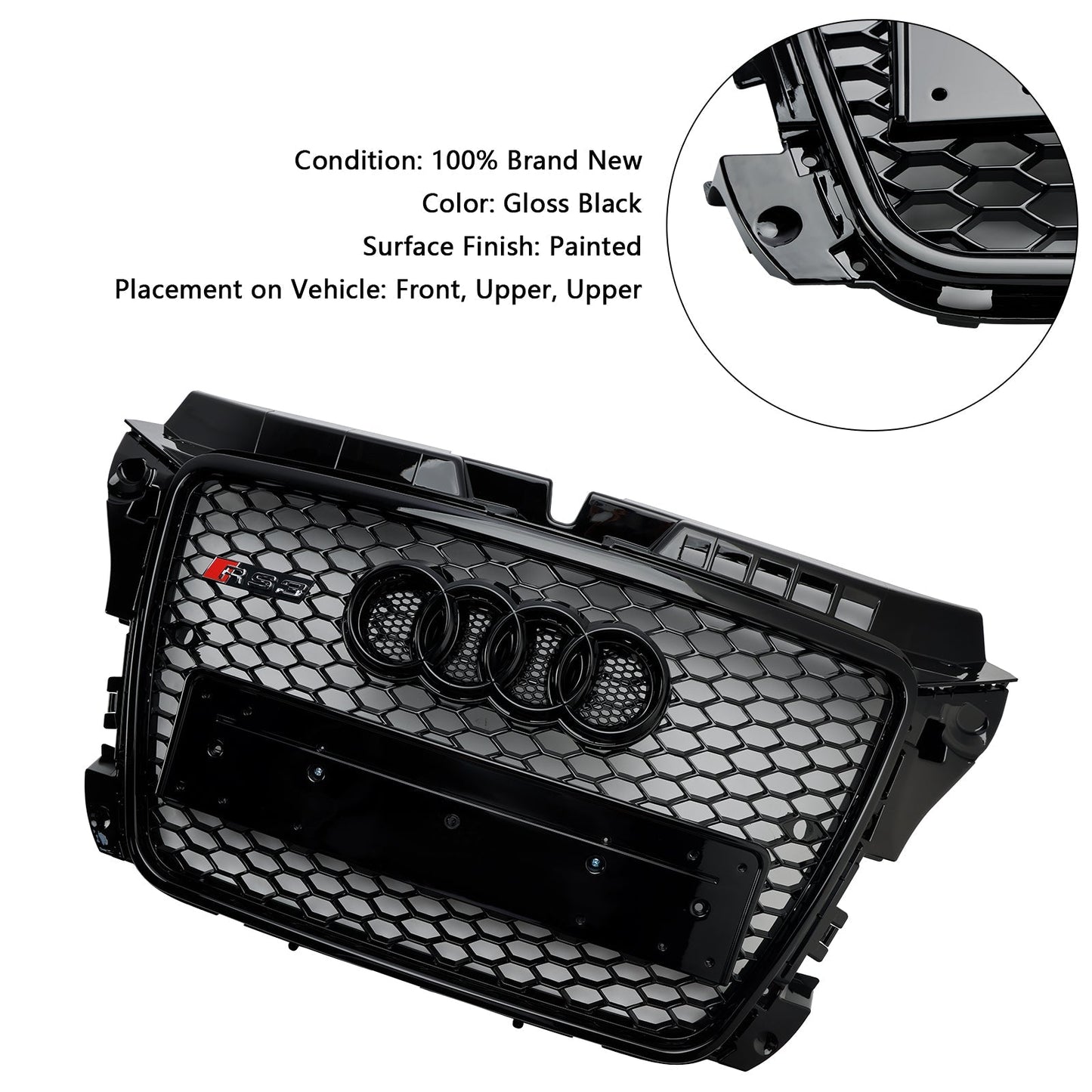 Audi 8P A3/ A3 Sline/ S3 2008-2013 Black Honeycomb Front Grille RS3 Mesh Hex Bumper Replacemetn Grill With Ring Emblem