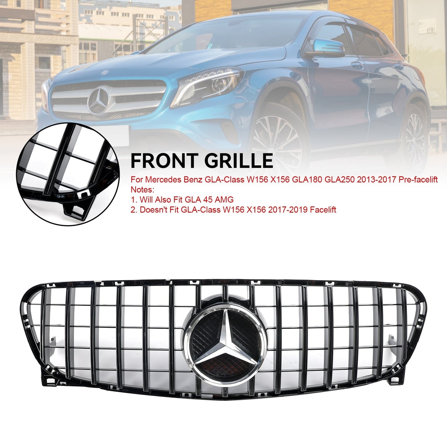 Benz GLA-Class W156 X156 GLA200/220/250/GLA45 2013-2017 Mercedes Front Bumper Grill Black GT Style Grille