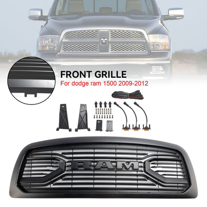 2009-2012 Dodge Ram 1500 Big Horn Style Front Bumper Grill Matte Black Replacement Grille W/ LED Lights