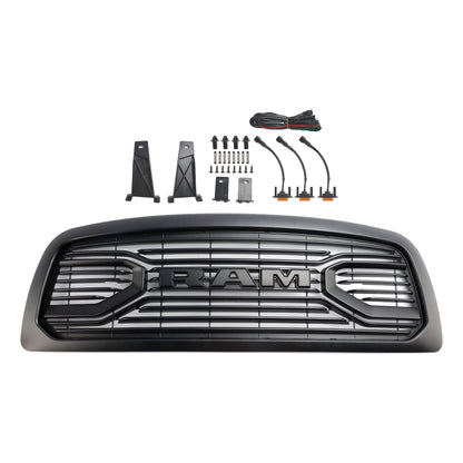 2009-2012 Dodge Ram 1500 Big Horn Style Front Bumper Grill Matte Black Replacement Grille W/ LED Lights