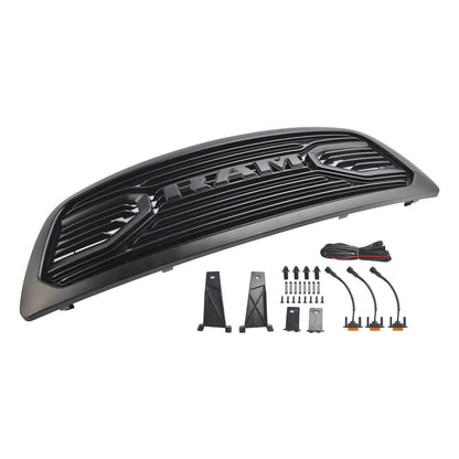 2009-2012 Dodge Ram 1500 Big Horn Style Front Bumper Grill Matte Black Replacement Grille W/ LED Lights