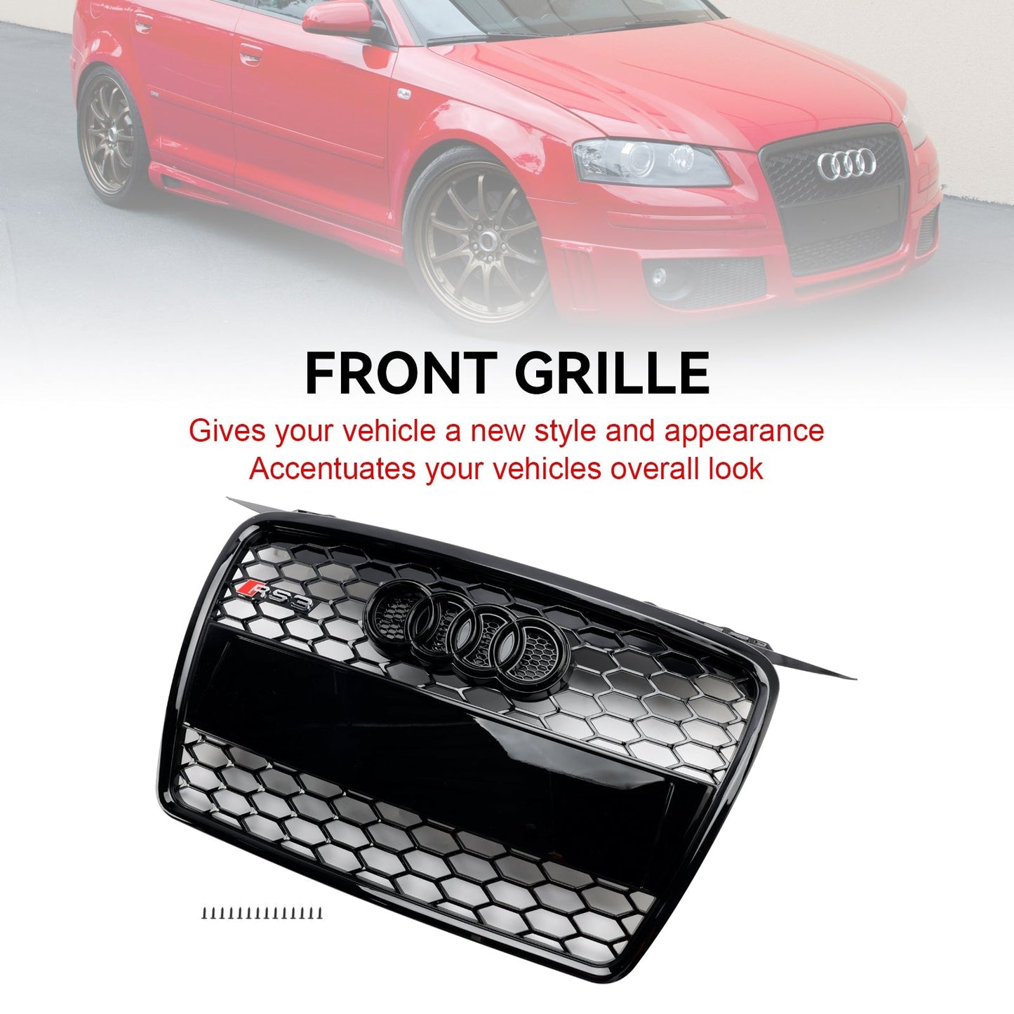 Audi A3 / S3 8P 2004 2005 2006 2007 2008 RS3 Honeycomb Grille Black Front Bumper Grill With Ring Emblem