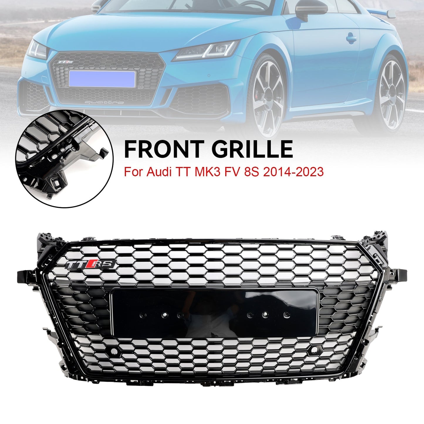 TTRS Style Honeycomb Grille For Audi TT / TTS MK3 FV 2014-2023 Front Bumper Glossy Black Grill