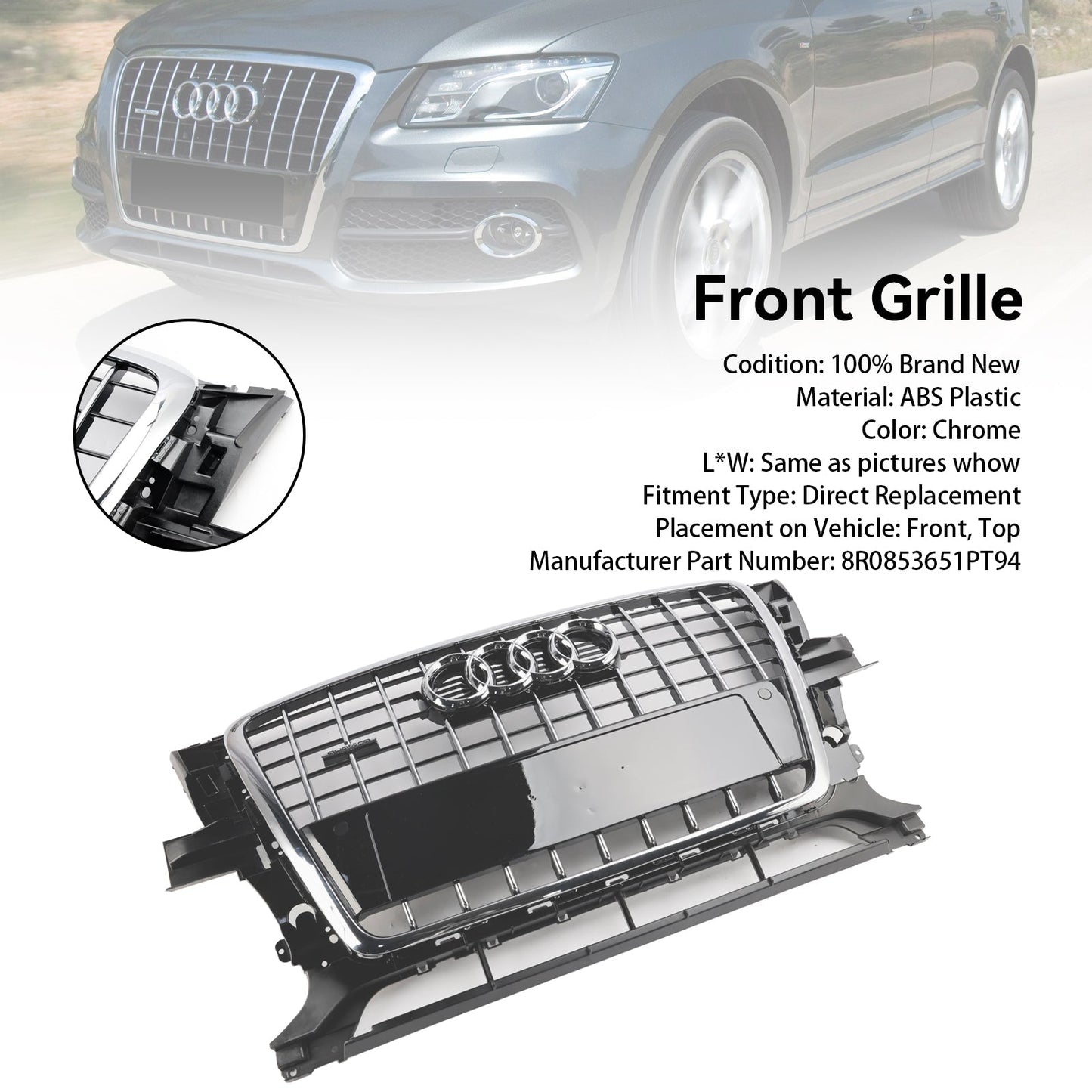 2009-2012 Audi Q5 SQ5 Chrome Front Bumper Grill Replacement