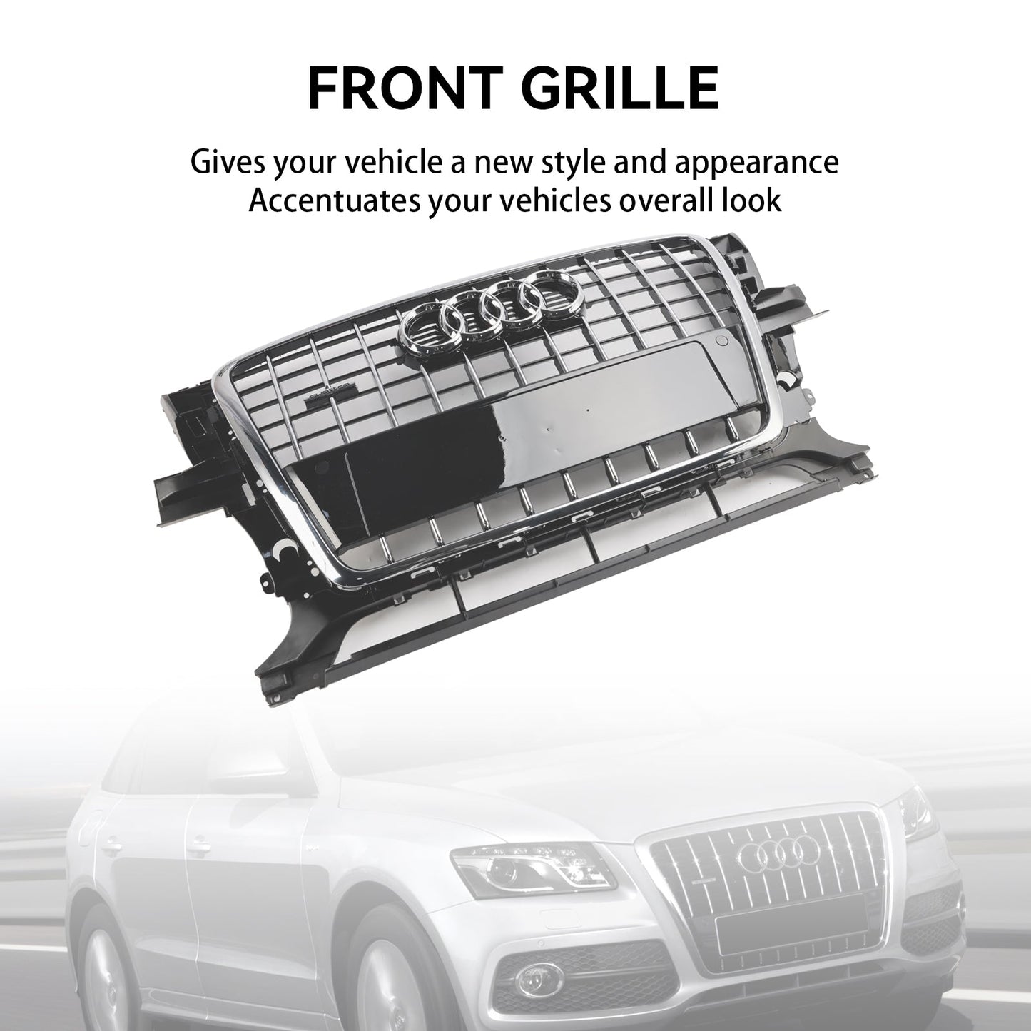 2009-2012 Audi Q5 / SQ5 Front Grille Chrome Slat Style Quattro Bumper Replacement Grill W/ Ring Emblem