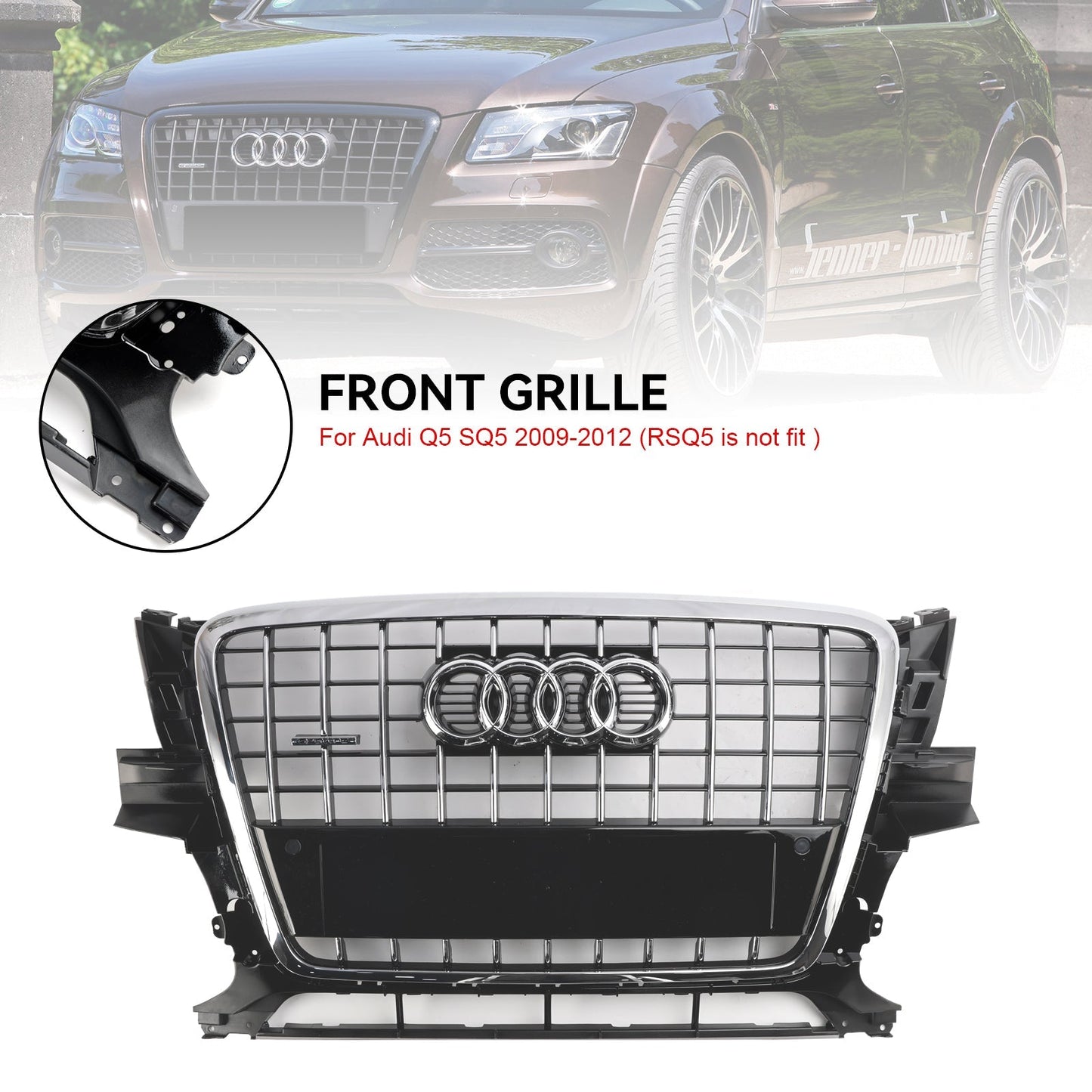 2009-2012 Audi Q5 / SQ5 Front Grille Chrome Slat Style Quattro Bumper Replacement Grill W/ Ring Emblem