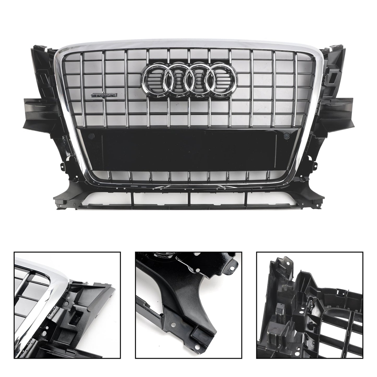 2009-2012 Audi Q5 / SQ5 Front Grille Chrome Slat Style Quattro Bumper Replacement Grill W/ Ring Emblem