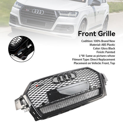 RSQ7 Honeycomb Quattro Grille For 2016-2019 Audi Q7 / Q7 Sline / SQ7 Glossy Black Front Bumper Grill W/ Ring Emblem