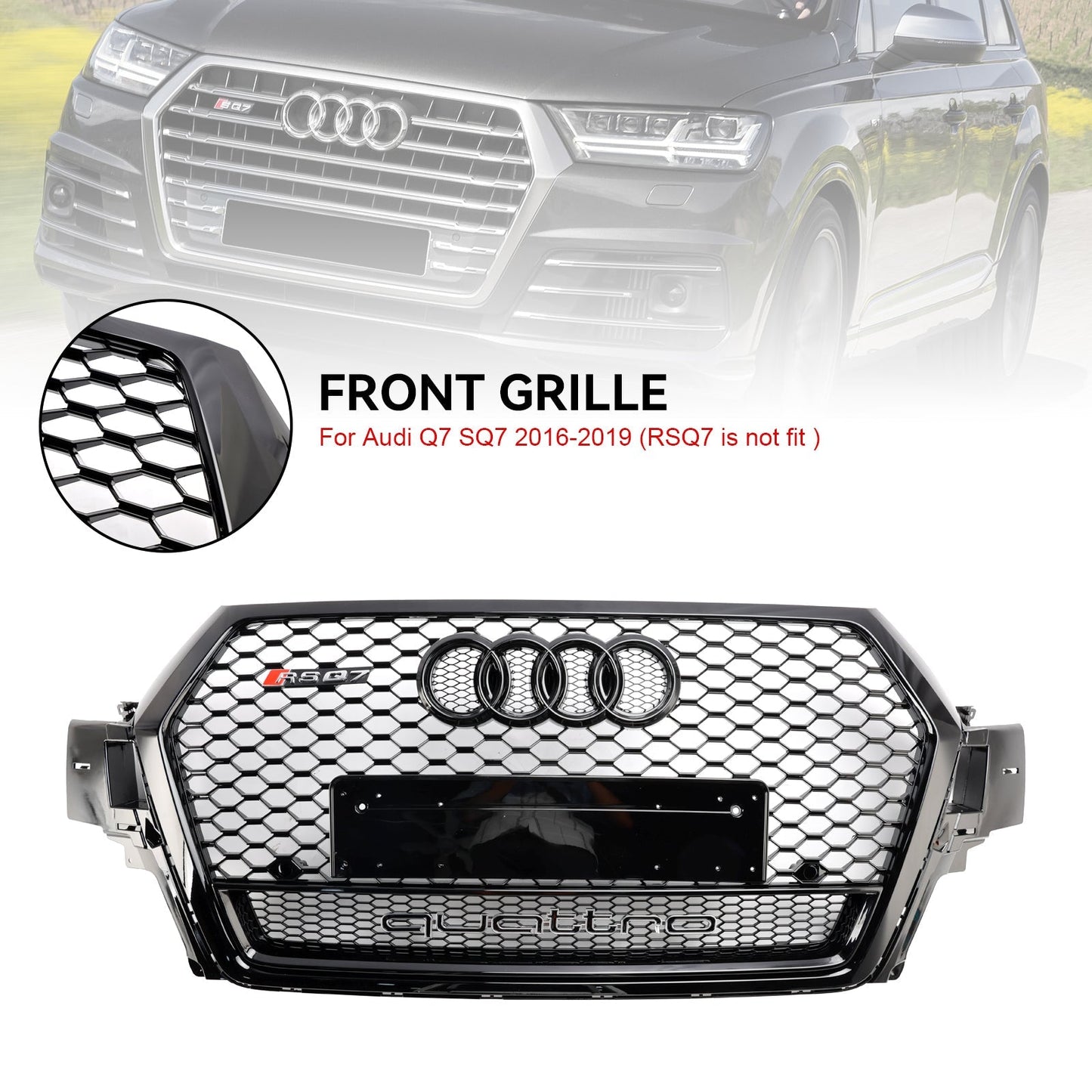 RSQ7 Honeycomb Quattro Grille For 2016-2019 Audi Q7 / Q7 Sline / SQ7 Glossy Black Front Bumper Grill W/ Ring Emblem