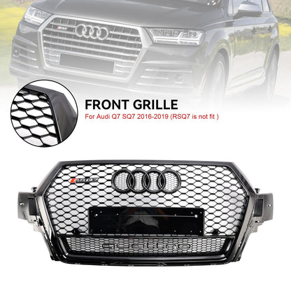 RSQ7 Honeycomb Quattro Grille For 2016-2019 Audi Q7 / Q7 Sline / SQ7 Glossy Black Front Bumper Grill W/ Ring Emblem