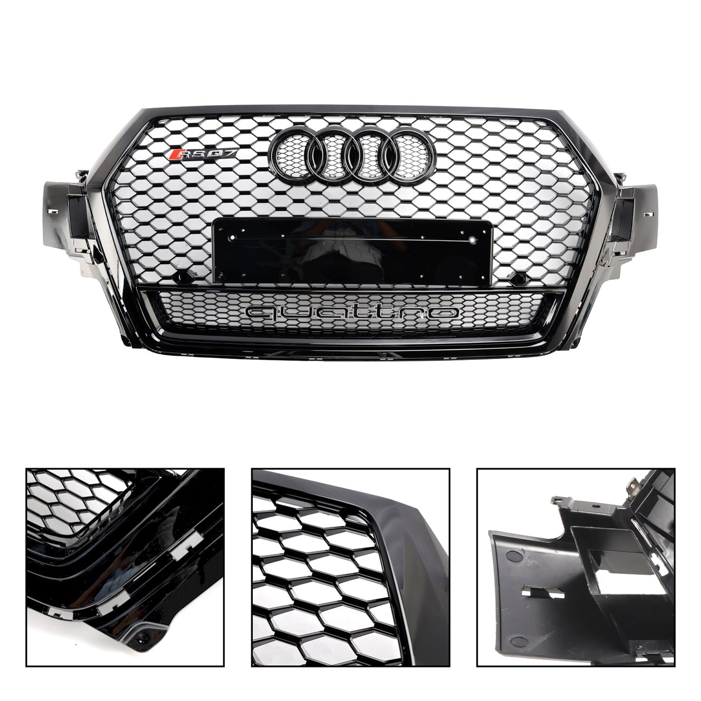 RSQ7 Honeycomb Quattro Grille For 2016-2019 Audi Q7 / Q7 Sline / SQ7 Glossy Black Front Bumper Grill W/ Ring Emblem