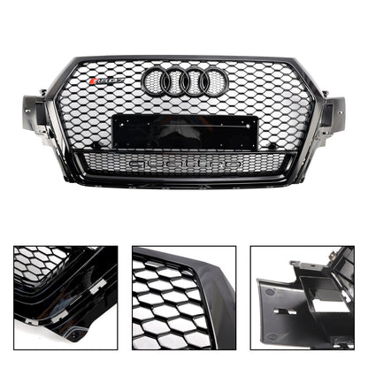 RSQ7 Honeycomb Quattro Grille For 2016-2019 Audi Q7 / Q7 Sline / SQ7 Glossy Black Front Bumper Grill W/ Ring Emblem