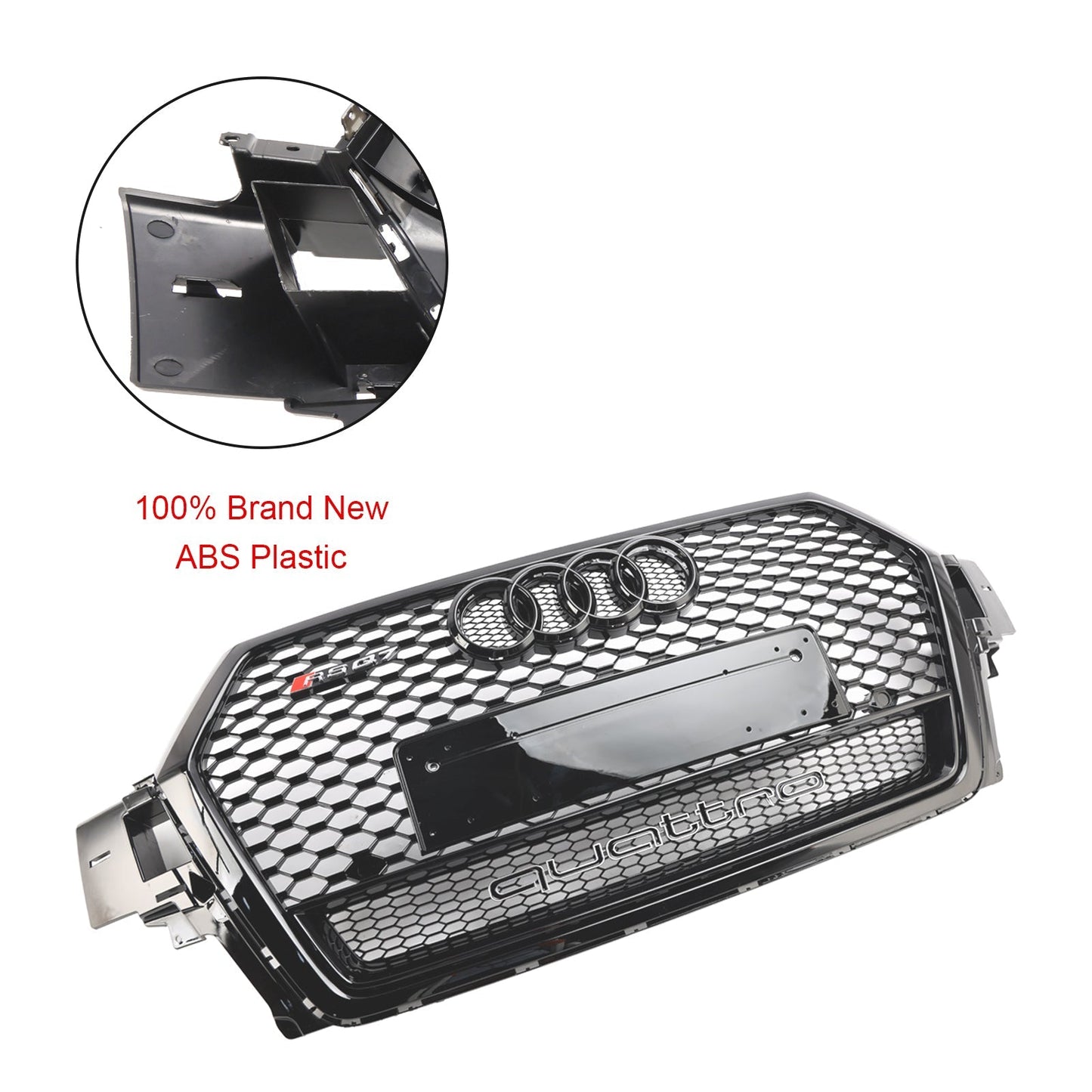 RSQ7 Honeycomb Quattro Grille For 2016-2019 Audi Q7 / Q7 Sline / SQ7 Glossy Black Front Bumper Grill W/ Ring Emblem