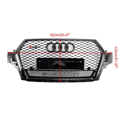 RSQ7 Honeycomb Quattro Grille For 2016-2019 Audi Q7 / Q7 Sline / SQ7 Glossy Black Front Bumper Grill W/ Ring Emblem