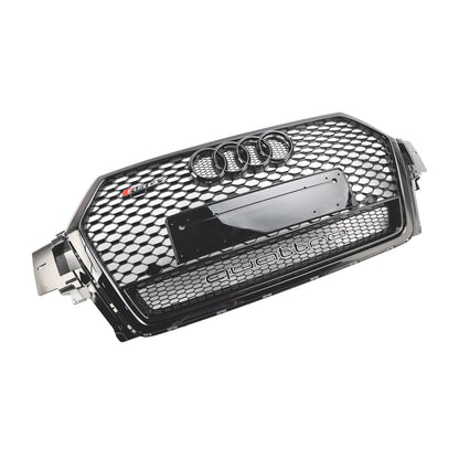 RSQ7 Honeycomb Quattro Grille For 2016-2019 Audi Q7 / Q7 Sline / SQ7 Glossy Black Front Bumper Grill W/ Ring Emblem