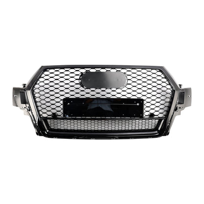 RSQ7 Honeycomb Quattro Grille For 2016-2019 Audi Q7 / Q7 Sline / SQ7 Glossy Black Front Bumper Grill W/ Ring Emblem