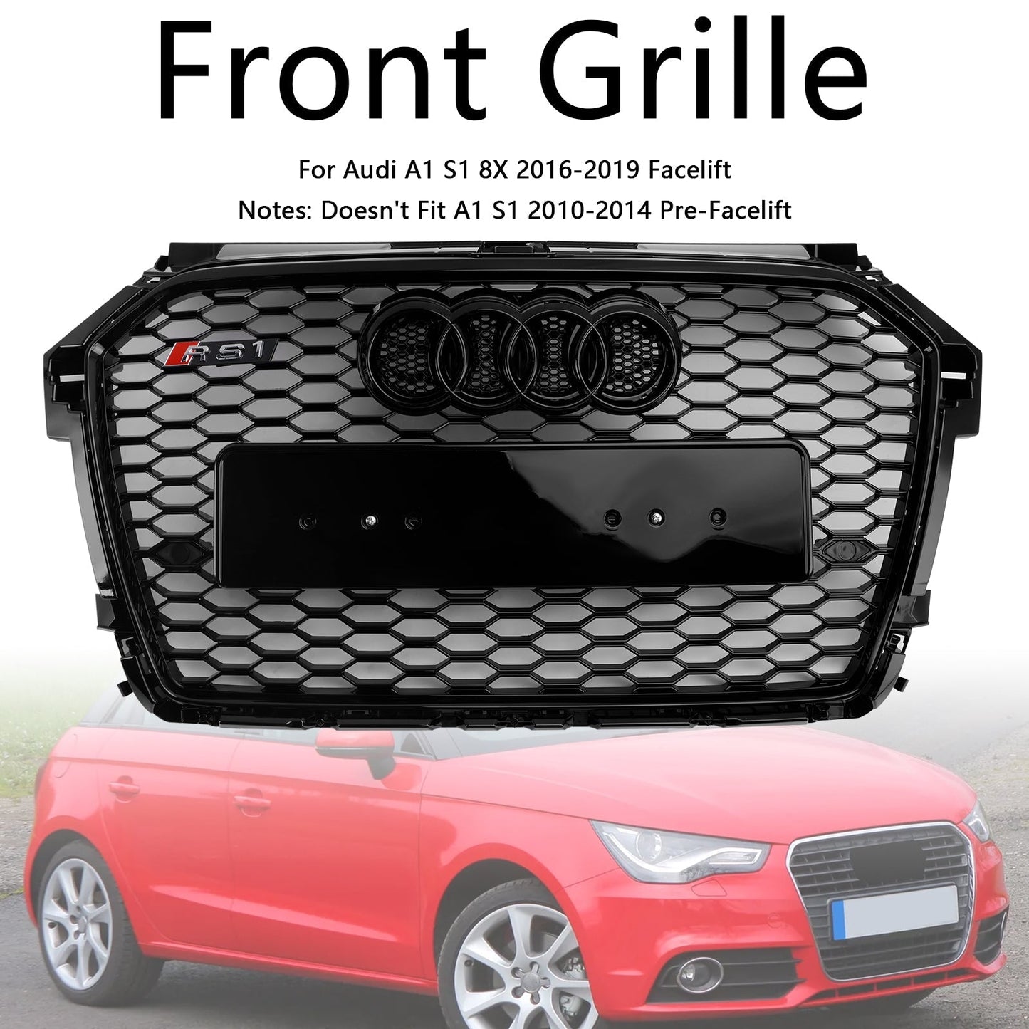 Audi A1 / A1 Sline / S1 8X 2014 2015 2016 2017 2018 2019 Honeycomb / Slat Front Grille Air Intake Radiator Black RS Grill W/ Audi Rings