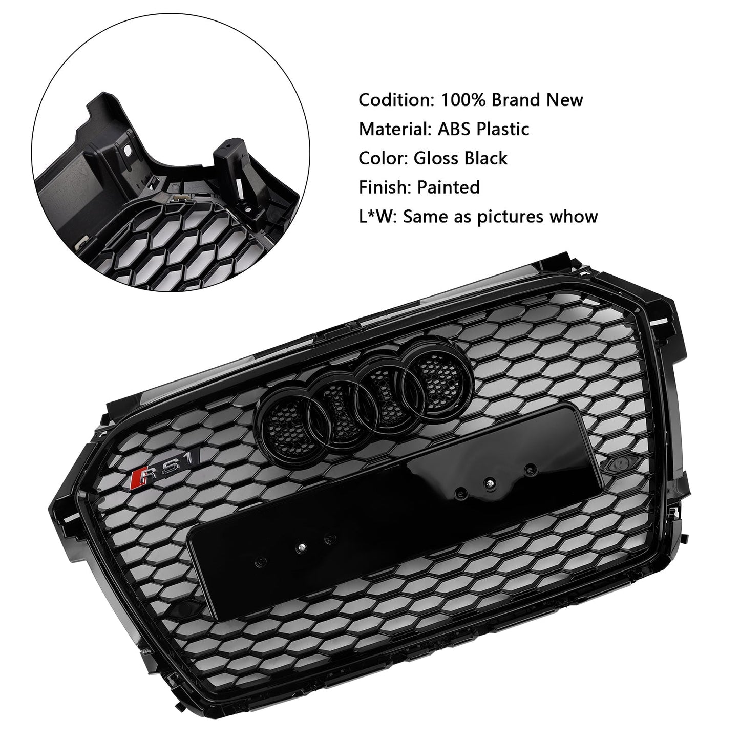 Audi A1 / A1 Sline / S1 8X 2014 2015 2016 2017 2018 2019 Honeycomb / Slat Front Grille Air Intake Radiator Black RS Grill W/ Audi Rings
