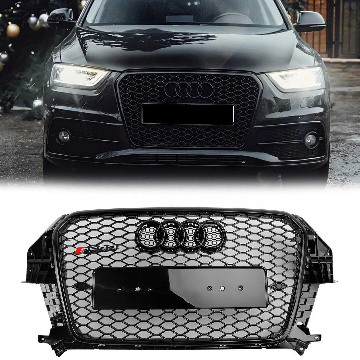 RSQ3 Style Honeycomb Grille For 2011-2014 Audi Q3 Front Bumper Black Grille W/ Ring Emblem